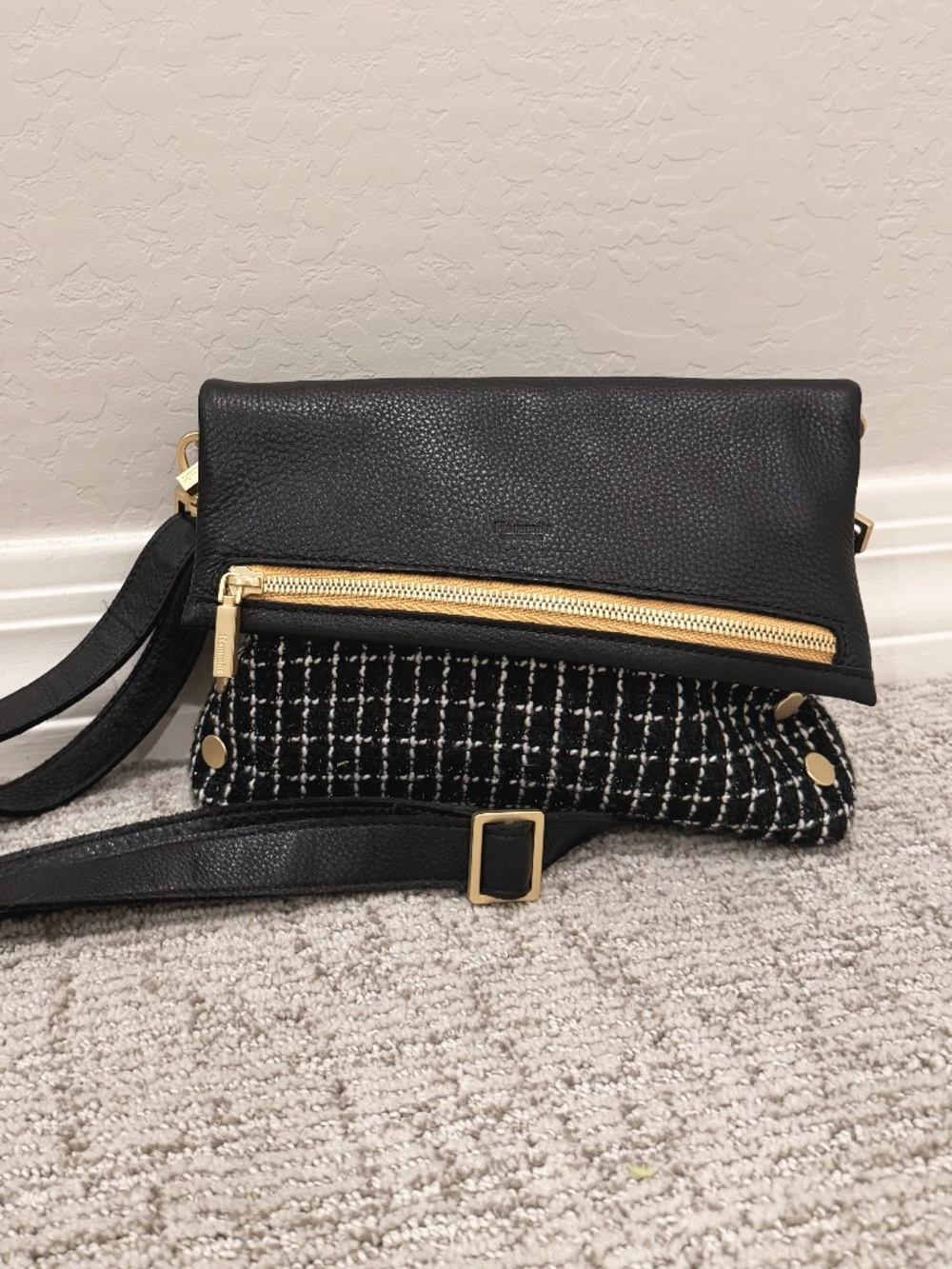 Hammitt VIP Medium Black Leather Crossbody Bag Gold Hardware Foldover